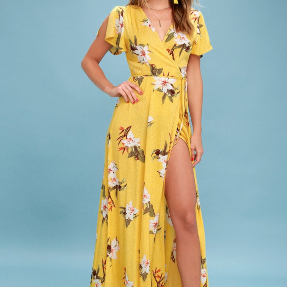 Heart of Marigold Yellow Tropical Print Wrap Maxi